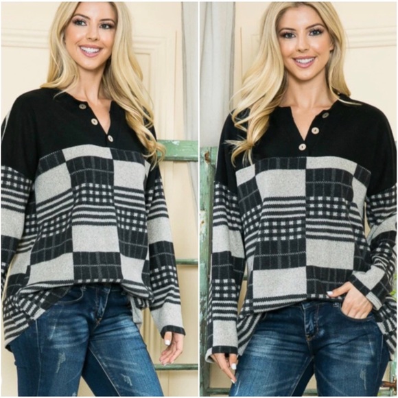 Blossom Boutique Tops - 2 LEFT! Brushed Black Plaid Patchwork Top